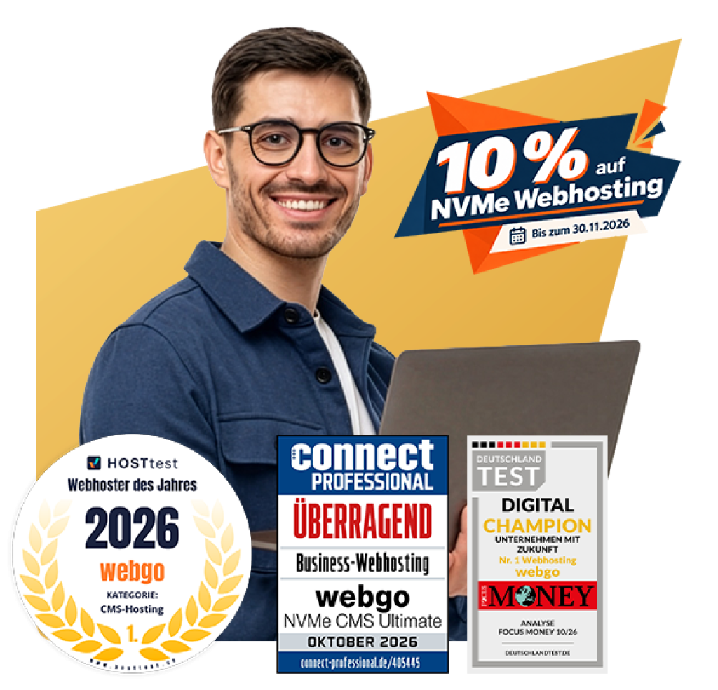 L&auml;chelnder Mann mit Laptop und webgo-Testsiegeln. Zum 10. Mal Webhoster des Jahres im CMS-Hosting: 10 % auf NVMe-Webhosting bis 30.11.2026.