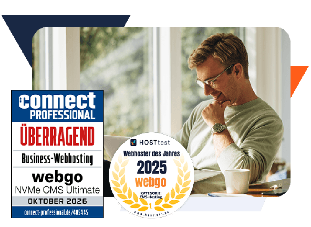 Zufriedener Mann arbeitet mit Laptop am Fenster &ndash; daneben Auszeichnungen f&uuml;r webgo: &Uuml;berragend im Webhosting Anbietercheck von connect Professional und Webhoster des Jahres 2025 (HOSTtest). Ideal f&uuml;r schnelles und zuverl&auml;ssiges NVMe Webhosting f&uuml;r CMS-Webseiten wie WordPress, Joomla oder TYPO3.