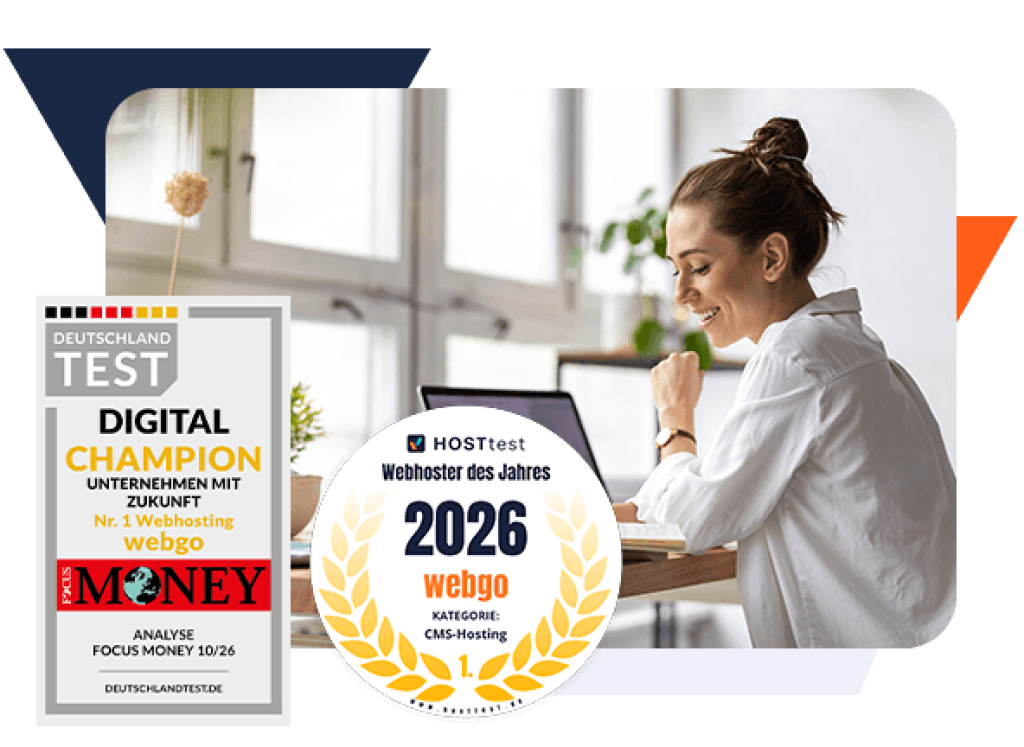 L&auml;chelnde Frau am Laptop neben zwei webgo-Auszeichnungen: FOCUS MONEY &bdquo;Digital Champion&ldquo; und Hosttest &bdquo;Webhoster des Jahres 2026&ldquo; im CMS-Hosting.