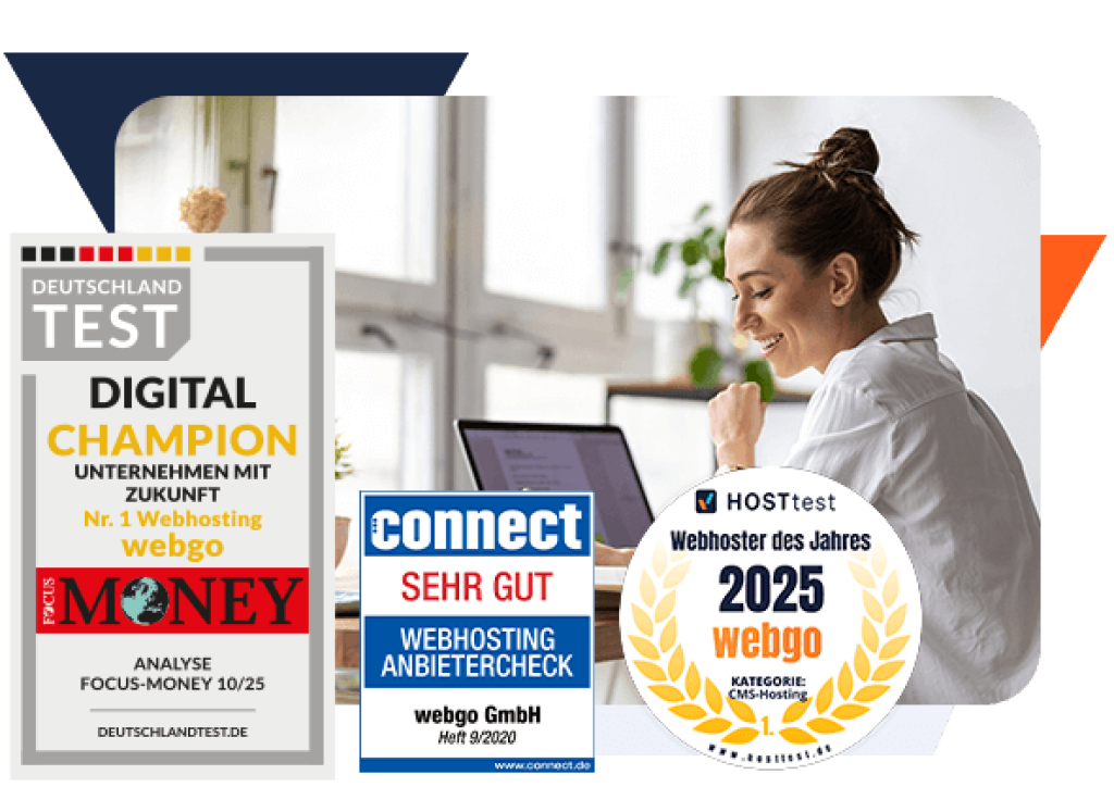 Zufriedene Frau am Laptop während der Arbeit als Websdesignerin. Davor Auszeichnungen von Focus Money im Deutschlandtest, bei dem webgo als Digital Champion und Nr 1 Webhosting ausgezeichnet wurde. Außerdem von connect ein "Sehr Gut" im Webhosting Anbietercheck. Und auch den Gewinnersiegel für den Webhoster des Jahres 2025 von Hosttest.de.