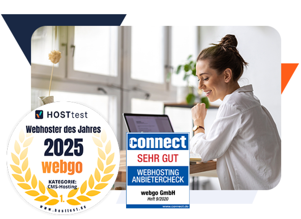 Zufriedene Frau am Laptop w&auml;hrend der Arbeit als Websdesignerin. Davor Auszeichnungen von connect mit einem "Sehr Gut" im Webhosting Anbietercheck. Und auch den Gewinnersiegel f&uuml;r den Webhoster des Jahres 2025 in der Kategorie CMS-Hosting von Hosttest.de.
