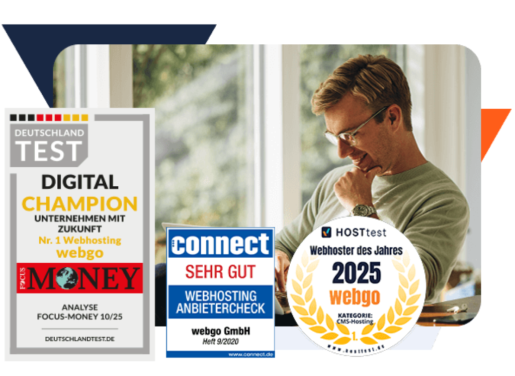 Zufriedener Mann arbeitet mit Laptop am Fenster – daneben Auszeichnungen für webgo: Digital Champion Nr. 1 Webhosting (FOCUS-MONEY 10/25), Sehr gut im Webhosting Anbietercheck (connect 9/2020) und Webhoster des Jahres 2025 (HOSTtest). Ideal für schnelles und zuverlässiges NVMe Webhosting für CMS-Webseiten wie WordPress, Joomla oder TYPO3.
