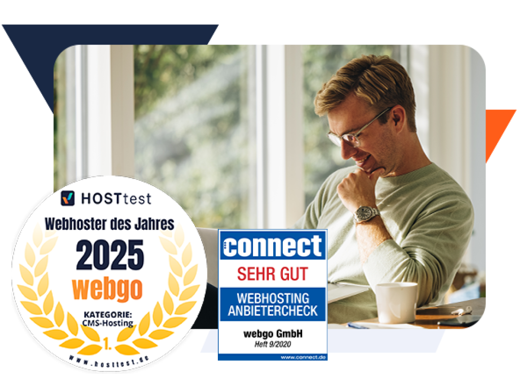 Zufriedener Mann arbeitet mit Laptop am Fenster &ndash; daneben Auszeichnungen f&uuml;r webgo: Sehr gut im Webhosting Anbietercheck (connect 9/2020) und Webhoster des Jahres 2025 (HOSTtest). Ideal f&uuml;r schnelles und zuverl&auml;ssiges NVMe Webhosting f&uuml;r CMS-Webseiten wie WordPress, Joomla oder TYPO3.
