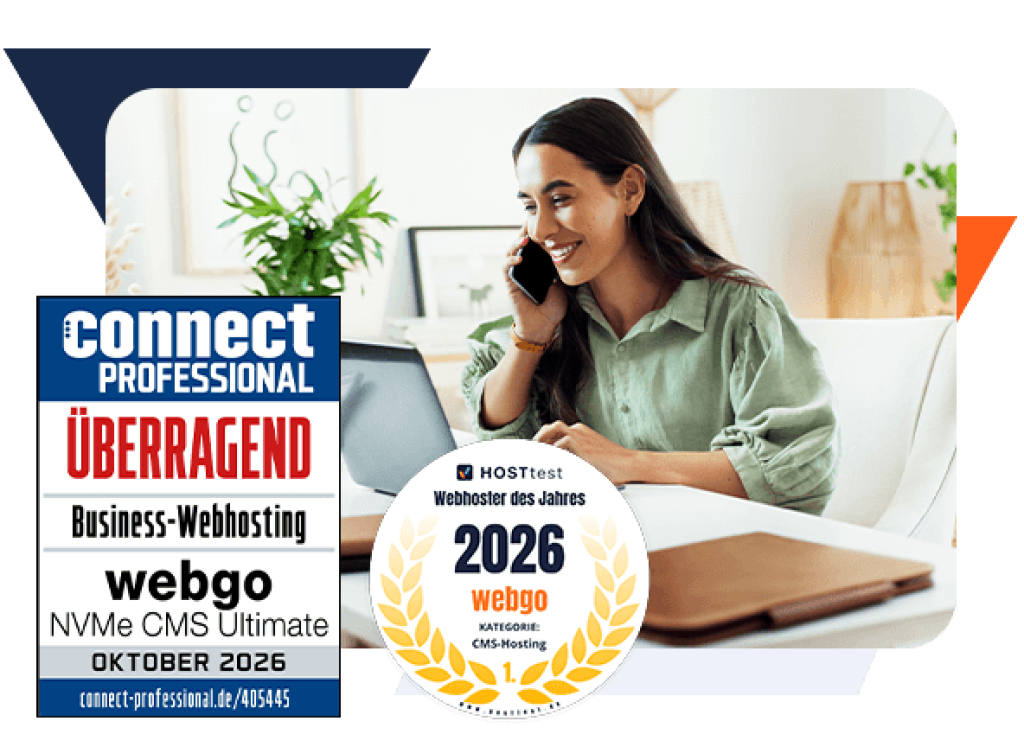 Frau arbeitet am Laptop und telefoniert &ndash; daneben Auszeichnungen f&uuml;r webgo: &bdquo;&Uuml;berragend&ldquo; von connect Professional, sowie Webhoster des Jahres 2025 von HOSTtest. Ideal f&uuml;r NVMe Webhosting mit hoher Performance und Ladezeit-Optimierung.