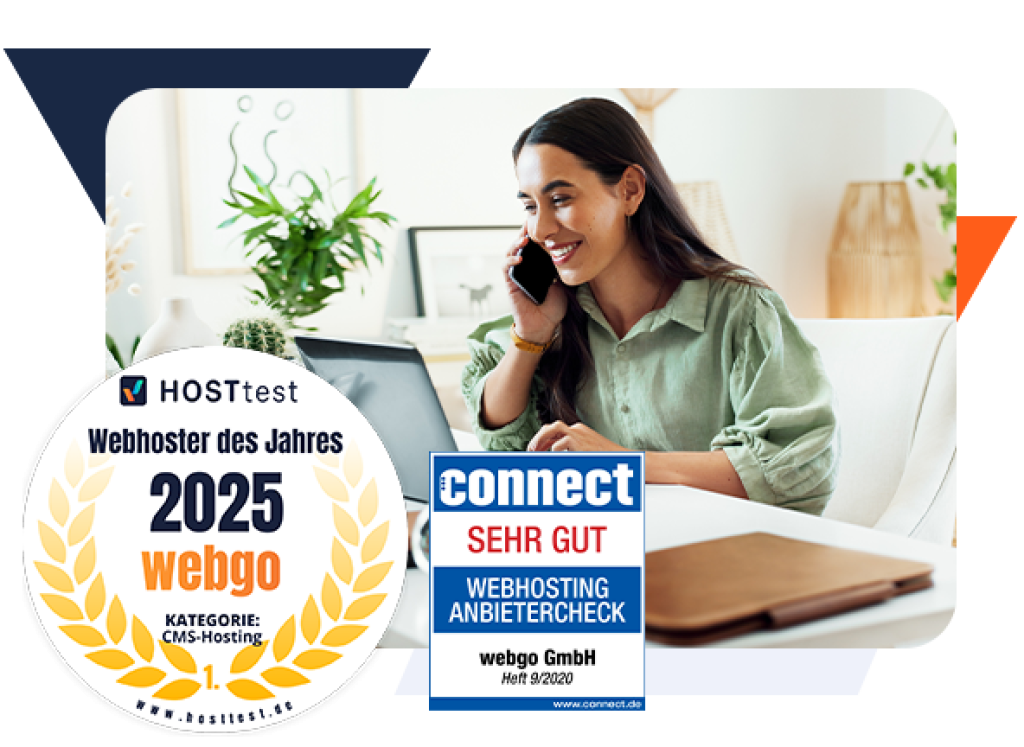 Frau arbeitet am Laptop und telefoniert &ndash; daneben Auszeichnungen f&uuml;r webgo: Sehr gut beim Webhosting-Anbietercheck von connect, sowie Webhoster des Jahres 2025 von HOSTtest. Ideal f&uuml;r NVMe Webhosting mit hoher Performance und Ladezeit-Optimierung.