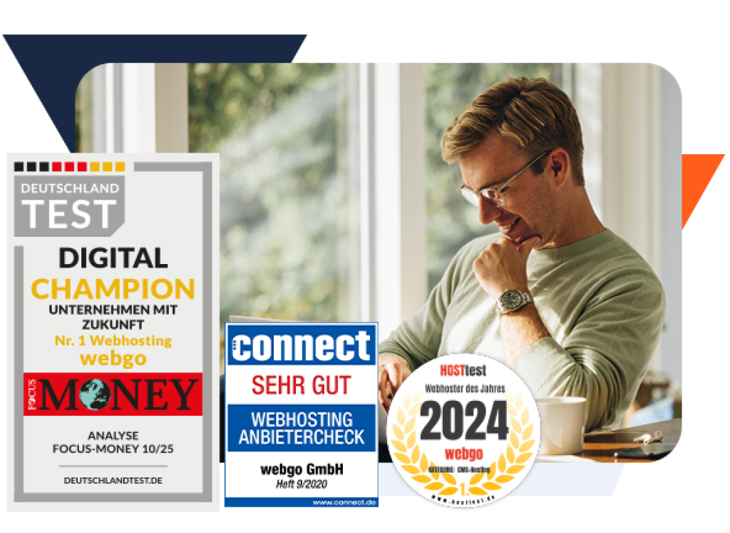 Zufriedener Mann arbeitet mit Laptop am Fenster – daneben Auszeichnungen für webgo: Digital Champion Nr. 1 Webhosting (FOCUS-MONEY 10/25), Sehr gut im Webhosting Anbietercheck (connect 9/2020) und Webhoster des Jahres 2024 (HOSTtest). Ideal für schnelles und zuverlässiges NVMe Webhosting für CMS-Webseiten wie WordPress, Joomla oder TYPO3.