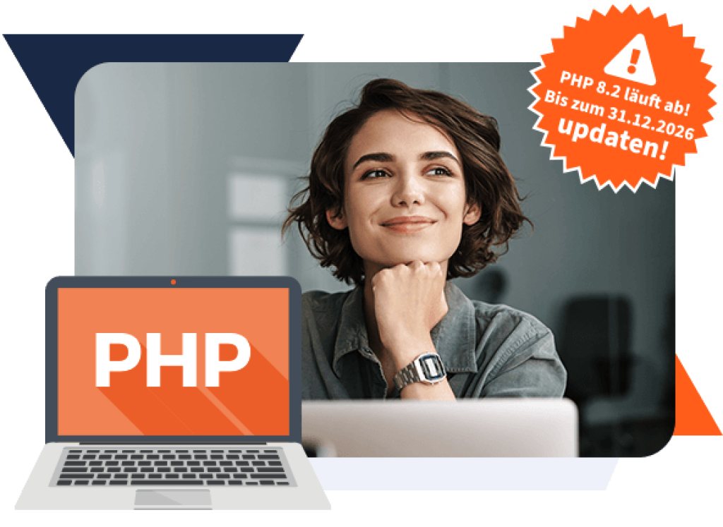 Webentwicklerin arbeitet konzentriert am Laptop mit PHP-Logo auf dem Bildschirm &ndash; Hero-Bild f&uuml;r den PHP Extended Support der webgo GmbH, das langfristige Sicherheit, Wartung und professionellen Support f&uuml;r veraltete PHP-Versionen symbolisiert. Mit Hinweis, dass PHP 8.2 ausl&auml;uft und bis zum 31.12.2026 es geupdated werden sollte.