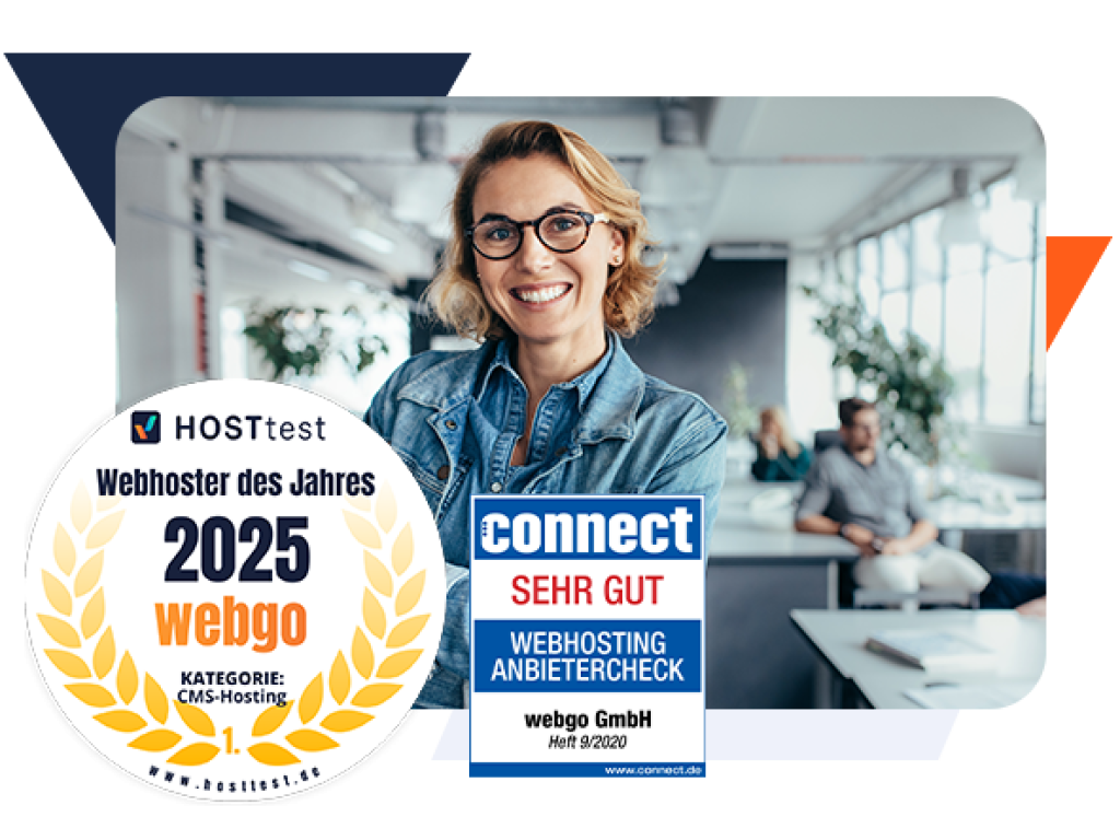 Zufriedene Frau in einem blauen Jeanshemd und blonden Haaren und Brille l&auml;chelt in die Kamera. Befindet sich in einer Agenturumgebung. Davor Auszeichnungssiegel von connect mit einem "Sehr Gut" im Webhosting Anbietercheck. Und auch den Gewinnersiegel f&uuml;r den Webhoster des Jahres 2025 in der Kategorie CMS-Hosting von Hosttest.de.