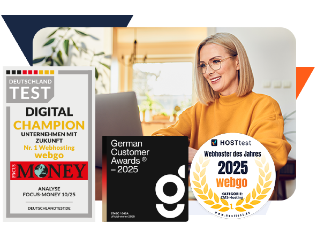 webgo GmbH ist ausgezeichneter deutscher Webhoster. Frau arbeitet am Laptop, daneben G&uuml;tesiegel: Focus-Money Digital Champion, German Customer Awards 2025 und HOSTtest Webhoster des Jahres 2025. Vertrauen in professionelles Webhosting aus Deutschland.