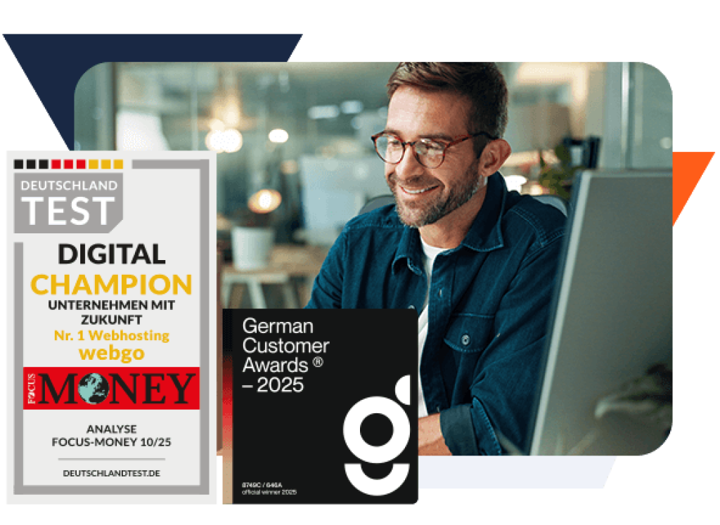 Mann mit Brille arbeitet konzentriert an einem Laptop in modernem Büro, daneben zwei Auszeichnungen: webgo ist Digital Champion und laut FOCUS-MONEY Nr. 1 im Webhosting sowie Gewinner der German Customer Awards. Ideal für Agenturen und Freelancer, die auf zuverlässige NVMe KVM Managed vServer setzen.
