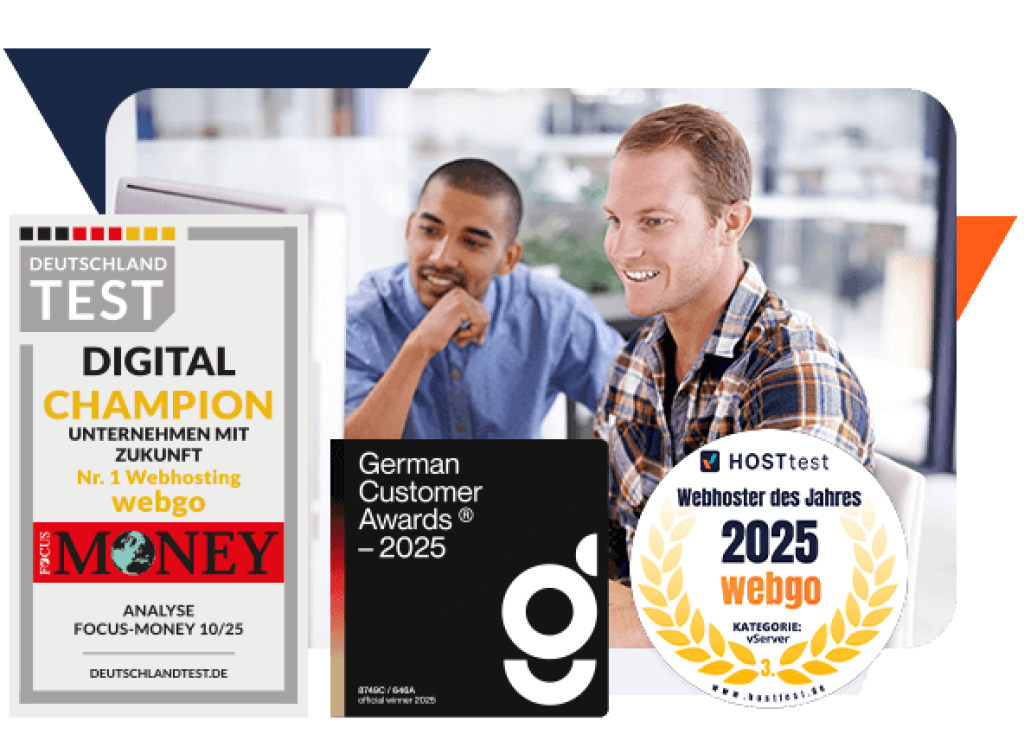 Zwei Webentwickler oder Freelancer lächeln bei der Zusammenarbeit am Computer im modernen Büro. Daneben die Auszeichnungen: webgo ist laut FOCUS-MONEY Nr. 1 im Webhosting und Gewinner der German Customer Awards 2025 sowie der Gewinnersiegel zum Webhoster des Jahres 2025. Perfekt für Agenturen und Web-Professionals, die auf leistungsstarkes SSD vServer setzen.
