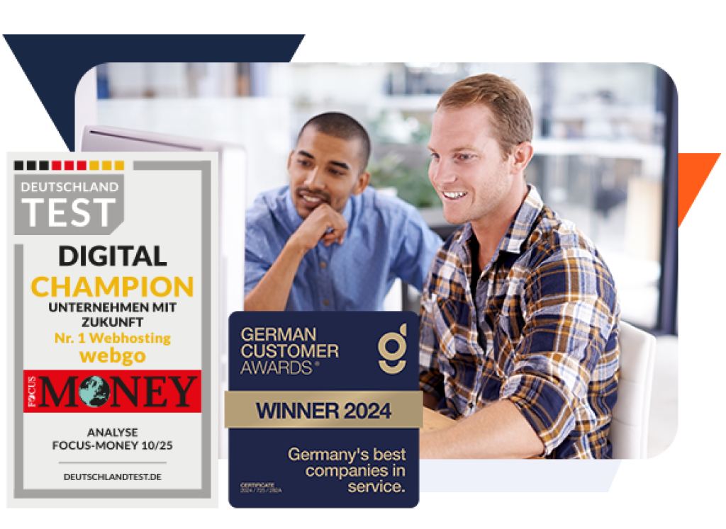 Zwei Webentwickler oder Freelancer lächeln bei der Zusammenarbeit am Computer im modernen Büro. Daneben die Auszeichnungen: webgo ist laut FOCUS-MONEY Nr. 1 im Webhosting und Gewinner der German Customer Awards 2024. Perfekt für Agenturen und Web-Professionals, die auf leistungsstarkes SSD Webhosting mit KVM setzen.“.
