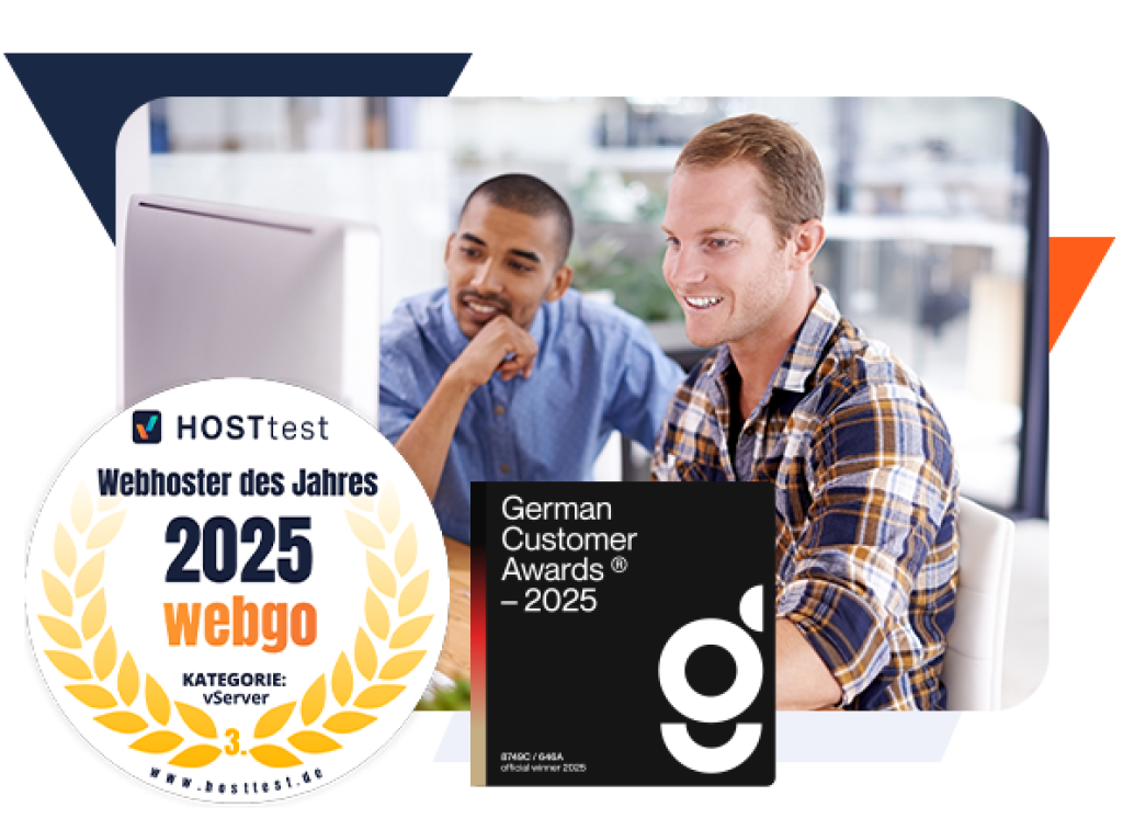 Zwei Webentwickler oder Freelancer l&auml;cheln bei der Zusammenarbeit am Computer im modernen B&uuml;ro. Daneben die Auszeichnungen: Gewinner der German Customer Awards 2025 sowie der Gewinnersiegel zum Webhoster des Jahres 2025. Perfekt f&uuml;r Agenturen und Web-Professionals, die auf leistungsstarkes SSD vServer setzen.