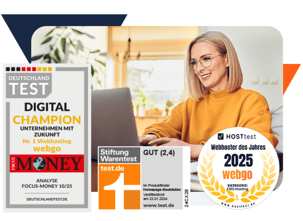 Freundliche Frau mit Brille arbeitet an einem Laptop, während sie lächelt. Daneben sind drei Auszeichnungen für webgo zu sehen: 'Digital Champion' von FOCUS-MONEY, eine 'GUT (2,4)' Bewertung von Stiftung Warentest und der Titel 'Webhoster des Jahres 2025' von HOSTtest. webgo ist mehrfach ausgezeichneter Webhosting-Anbieter.