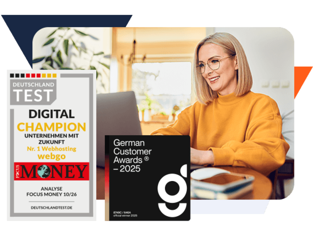 Frau arbeitet am Laptop im Homeoffice, daneben Auszeichnungen &bdquo;Digital Champion 2026&ldquo; und &bdquo;German Customer Awards 2025&ldquo; f&uuml;r Webhosting-Anbieter webgo.