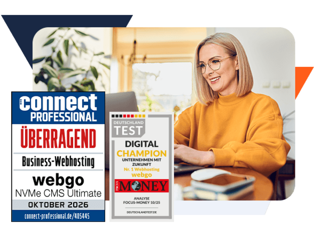 Frau arbeitet am Laptop im Homeoffice, daneben Auszeichnungen &bdquo;&Uuml;berragend&ldquo; von connect Professional und &bdquo;Digital Champion 2026&ldquo; vom Deutschland Test von Focus Money, f&uuml;r Webhosting-Anbieter webgo.