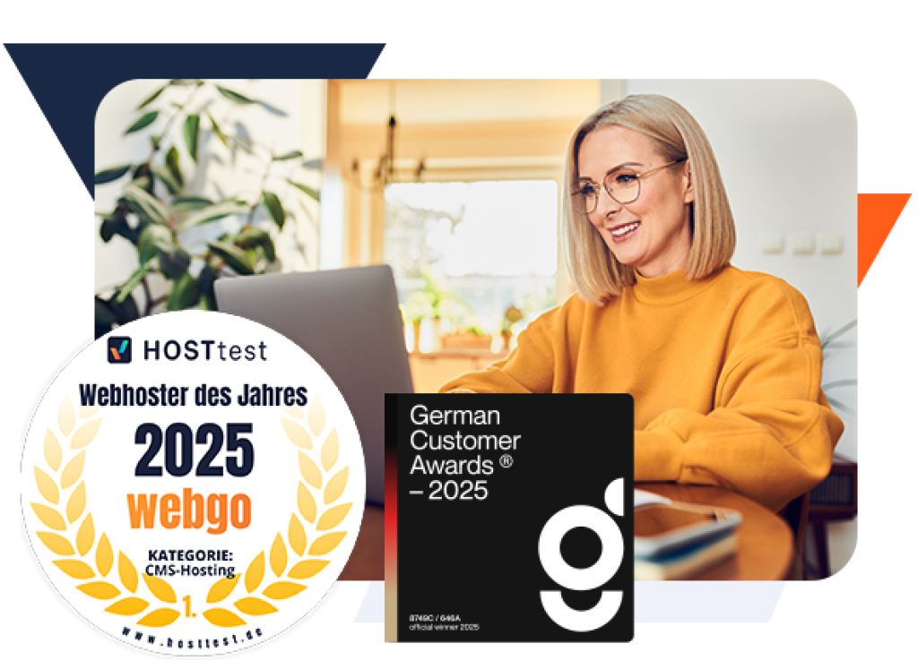 webgo GmbH ist ausgezeichneter deutscher Webhoster. Frau arbeitet am Laptop, daneben G&uuml;tesiegel: German Customer Awards 2025 und HOSTtest Webhoster des Jahres 2025 in der Kategorie CMS-Hosting. Vertrauen in professionelles Webhosting aus Deutschland.