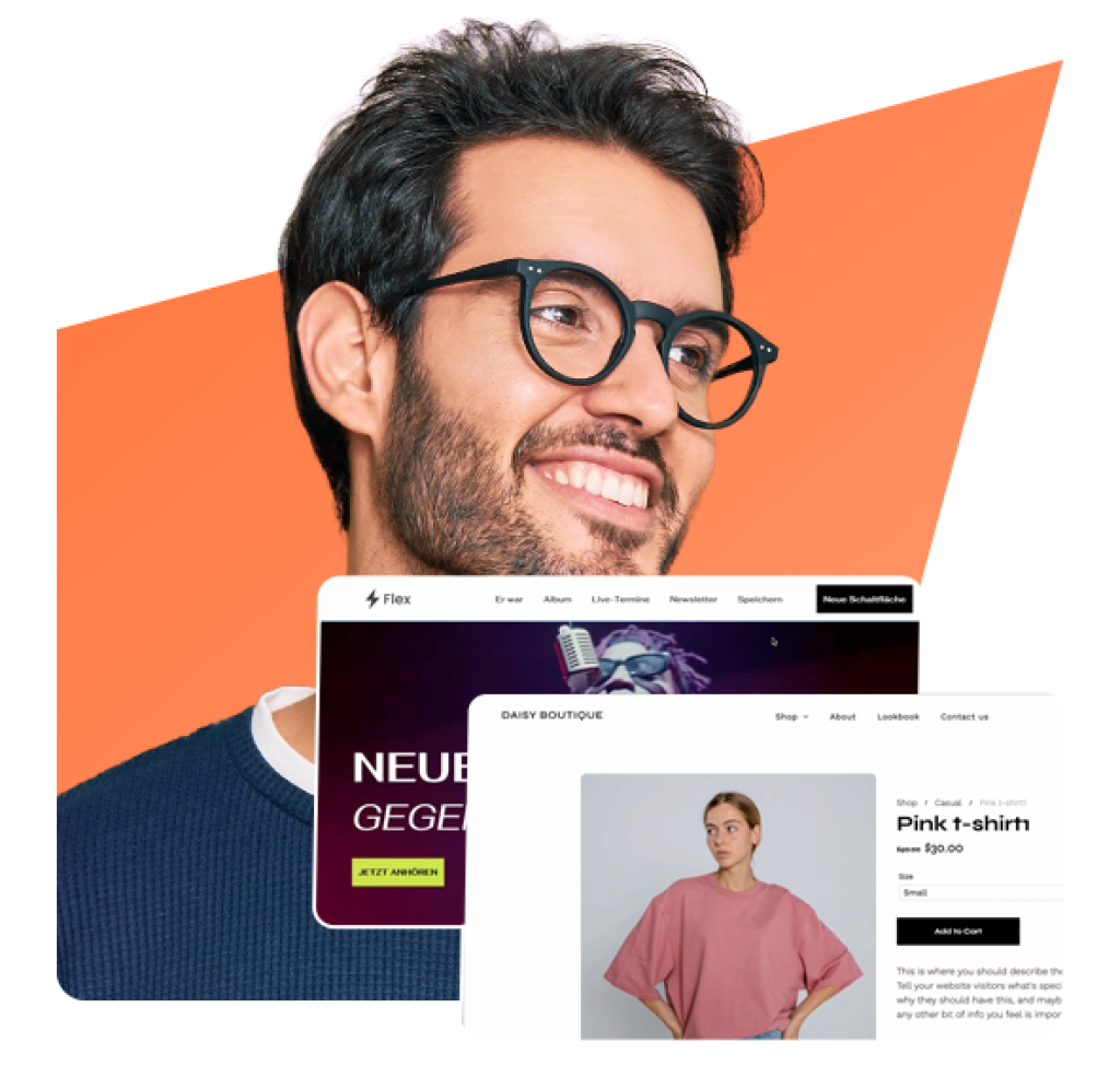 Junger Mann mit Brille l&auml;chelt vor orangefarbenem Hintergrund, davor Beispielansicht eines modernen Onlineshops aus dem webgo Onlineshop-Baukasten mit Produktseite f&uuml;r ein T-Shirt &ndash; symbolisiert einfaches Erstellen professioneller Online-Shops.
