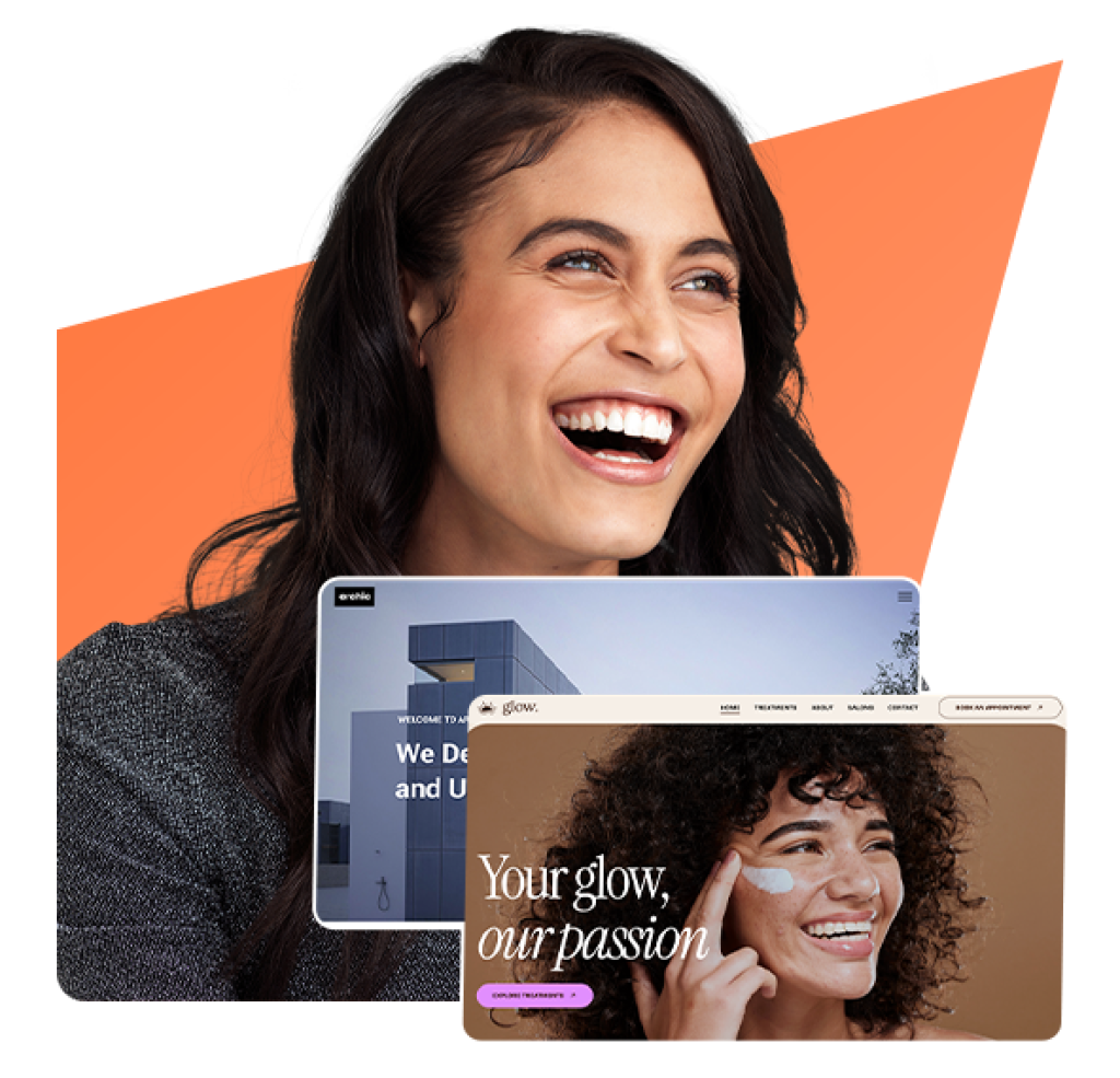 Website-Baukasten von webgo. Eine lachende Frau vor Beispiel-Websites, steht f&uuml;r einfache Erstellung moderner Webseiten ohne Programmierkenntnisse.