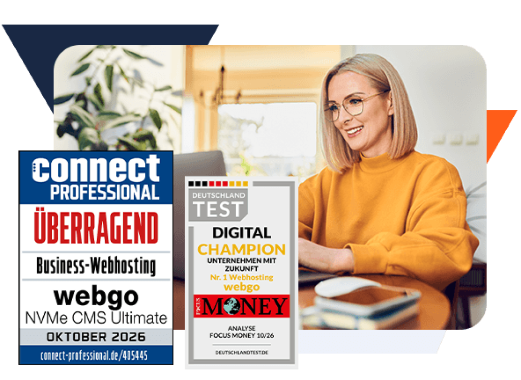 L&auml;chelnde Frau am Laptop neben zwei webgo-Auszeichnungen: connect professional &bdquo;&Uuml;berragend&ldquo; f&uuml;r Business-Webhosting und FOCUS MONEY &bdquo;Digital Champion&ldquo;.