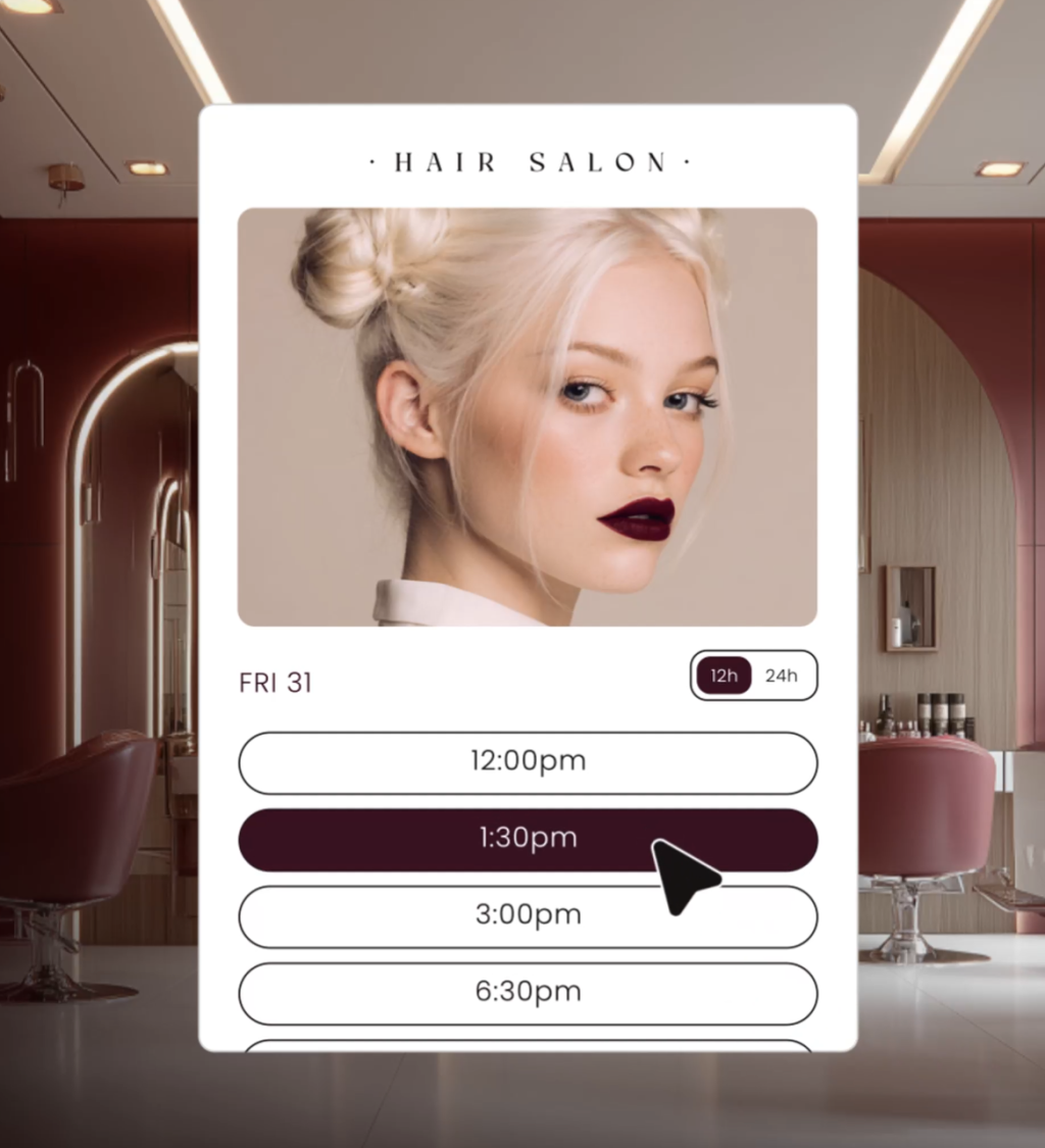 Einfach und smart Termine vergeben. Ohne Aufwand, mit dem Homepage-Baukasten "Business" von webgo. Das Bild zeigt ein Frisörsalon im Hintergrund mit Interior in beerigen Farbtönen, davor ein PopUp Window mit dem Beispiel einer Terminbuchung für einen Frisör und einer blonden Frau mit dunkelrotem Lippenstift. Zu sehen sind, verfügbaren Uhrzeiten am Freitag den 31. und ein Cursor auf 13:30 Uhr.