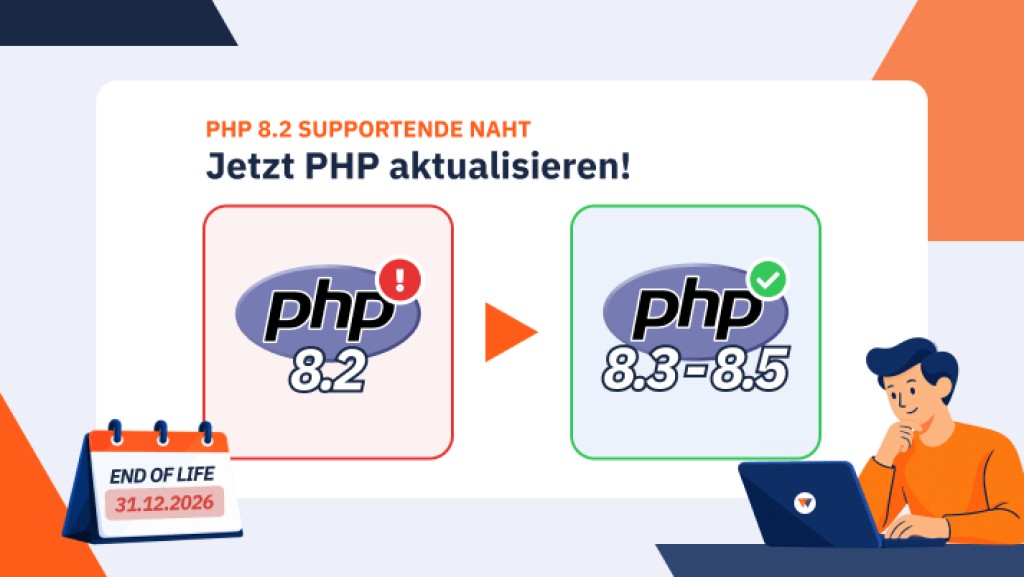 PHP 8.2 Supportende am 31.12.2026: Grafik zum webgo Blogbeitrag zeigt den empfohlenen Wechsel von PHP 8.2 auf PHP 8.3 bis 8.5 mit Warnsymbol und Kalender.