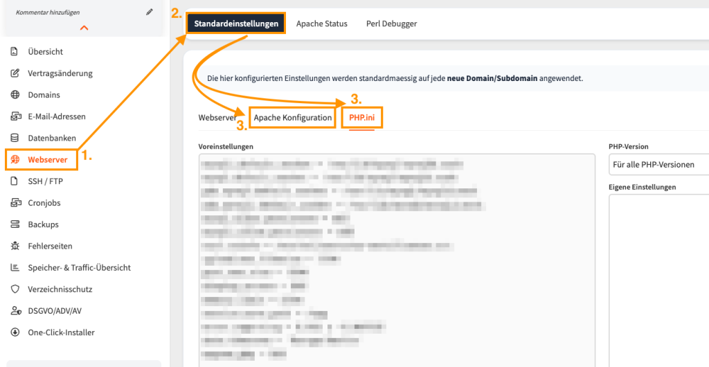 Screenshot aus dem webgo Kundenportal der zeigt, welche Schritte n&ouml;tig sind um die Apache und oder PHP.ini Konfiguration pr&uuml;fen zu k&ouml;nnen.