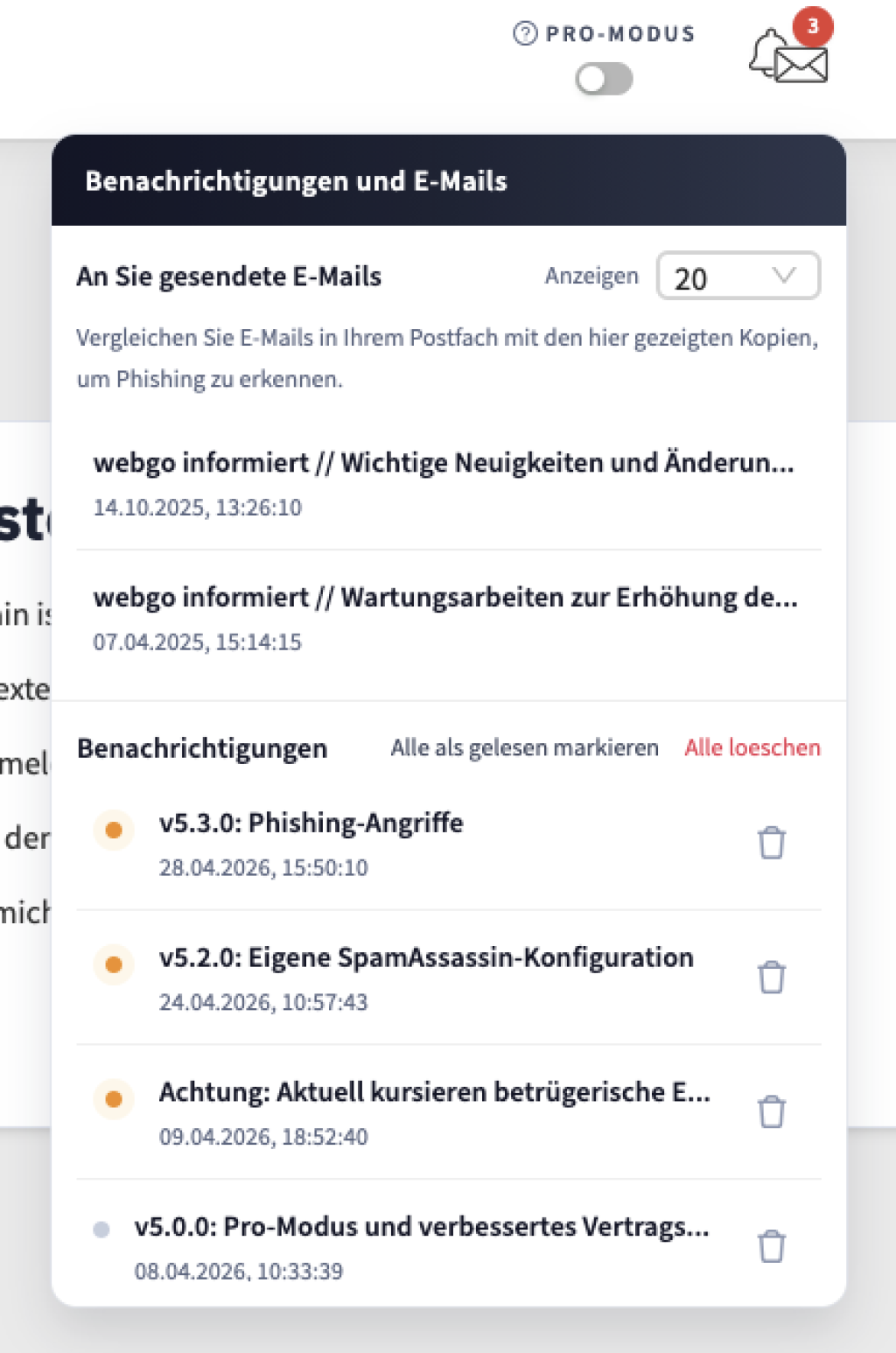Das Bild zeigt einen Screenshot aus dem Kundenportal der aufgeklappten Notification Bell und zeigt die "Benachrichtigungen und E-Mails" von webgo an. Zuerst die an die Kundschaft gesendeten Emails. Im Screenshot 2 St&uuml;ck und darunter separiert die aktuellen Benachrichtungen als Direktnachricht im Kundenportal im Screenshot 4 davon eine gelesene Benachrichtigung und 3 ungelesene.