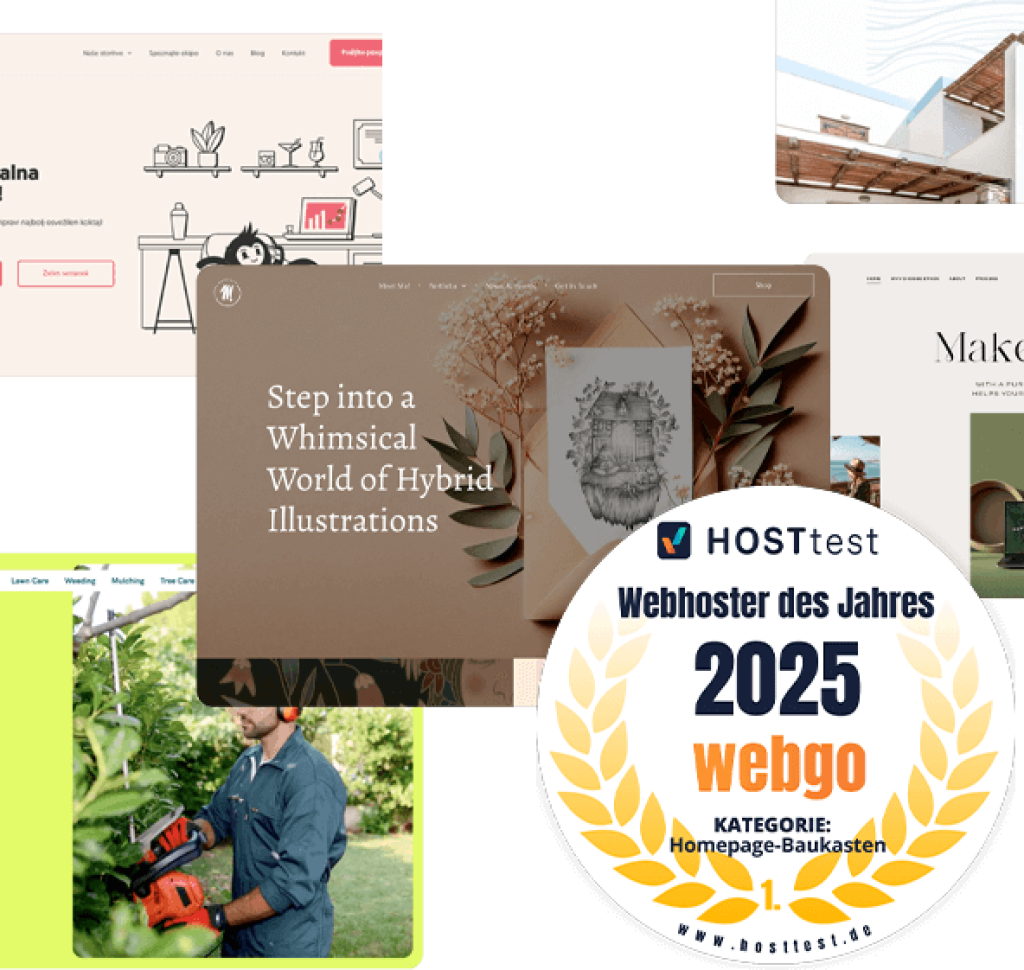 Website-Beispiele aus dem Homepage-Baukasten von webgo, kombiniert mit dem G&uuml;tesiegel &sbquo;HOSTtest Webhoster des Jahres 2025&lsquo; in der Kategorie Homepage-Baukasten &ndash; ausgezeichnete Qualit&auml;t und Benutzerfreundlichkeit.