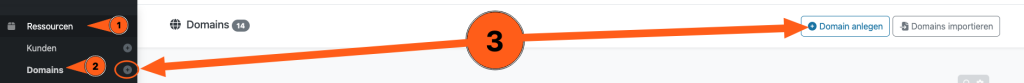 Ansicht aus der "Froxlor"-Verwaltungsoberfläche, welche darstellt, wie man im dortigen Menü eine Domain hinzufügt: Erst muss man über die linke Navigationsseite auf "Ressourcen" und dann auf "Domains", und nun kann man auf der rechten Seite auf "Domain anlegen" klicken.