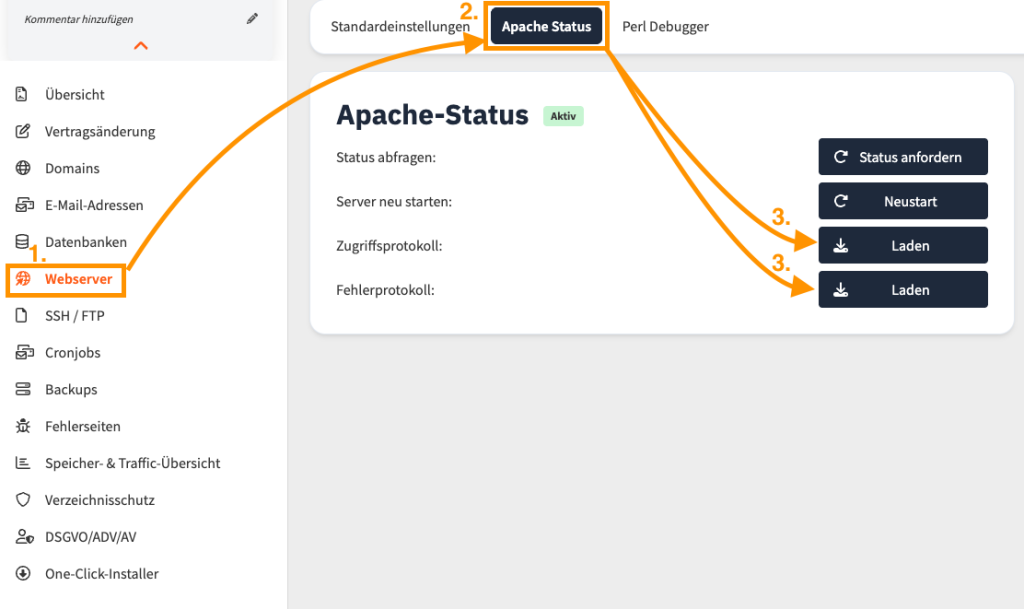 Das Bild zeigt einen Screenshot aus dem Kundenportal, der den Weg zum Download der Access- oder Error-Log beschreibt.
Vom ersten Schritt dem Klick auf "Webserver".
&Uuml;ber den Klick auf den Reiter "Apache Status".
Bis hin zum Klick auf "Laden" des Zugriffsprotokolls (Access-Log) oder auf den unteren "Laden" Button f&uuml;r das Fehlerprotokoll (Error-Log).