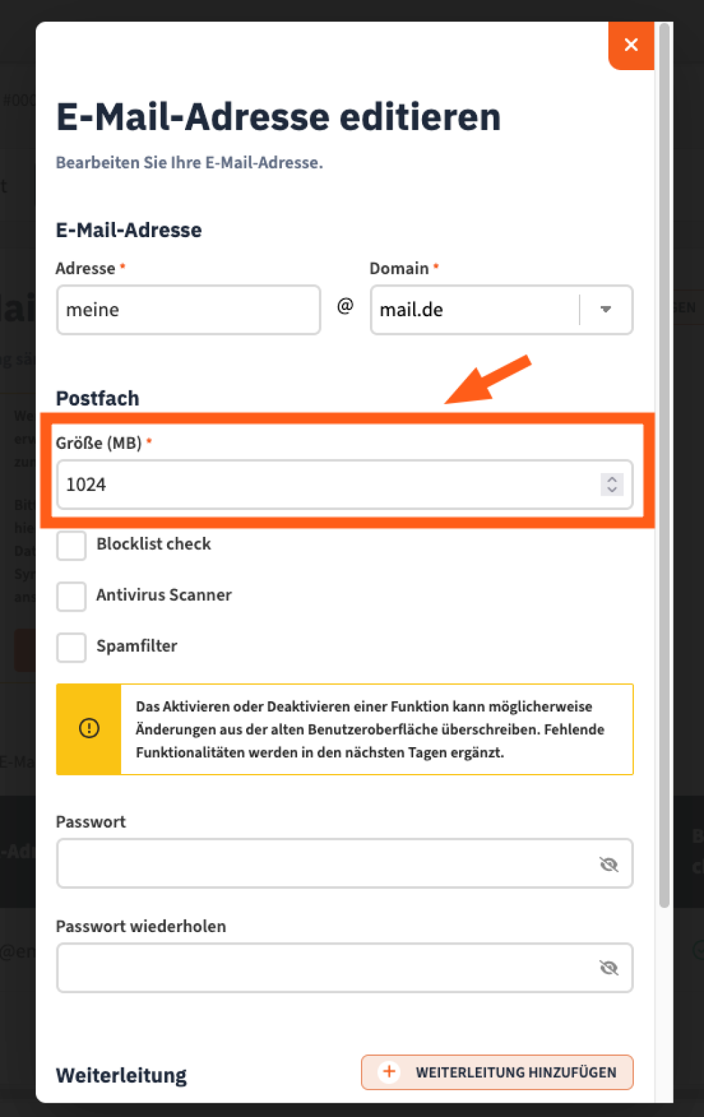 Bearbeiten Sie Ihre E-Mail-Adresse, um ganz einfach die Postfachgröße zu ändern.