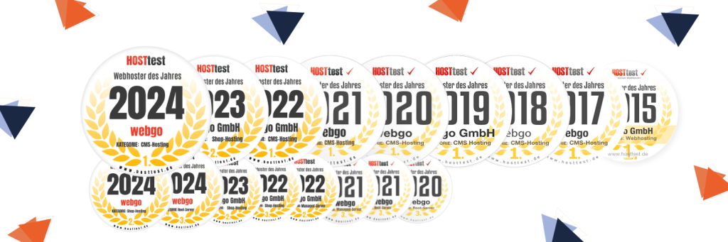 webgo Auszeichnungen bei der Wahl zum Webhoster des Jahres. Das Bild zeigt insgesamt 17 Auszeichnungen seit 2015 und darunter neun Mal Platz 1 und acht Mal in Folge Platz 1 in der Kategorie CMS-Hosting.