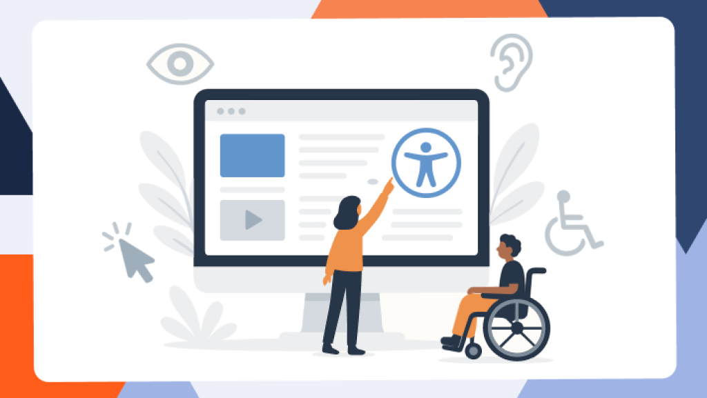 Die Illustration zeigt eine Person, die auf einem großen Bildschirm ein Barrierefreiheits-Symbol auswählt, daneben sitzt eine Person im Rollstuhl, umgeben von Symbolen für Seh-, Hör- und Mobilitätshilfen, Thema Barrierefreiheit im Web, thematisiert im Blogbeitrag zum Barrierefreiheitsstärkungsgesetz auf webgo.de.