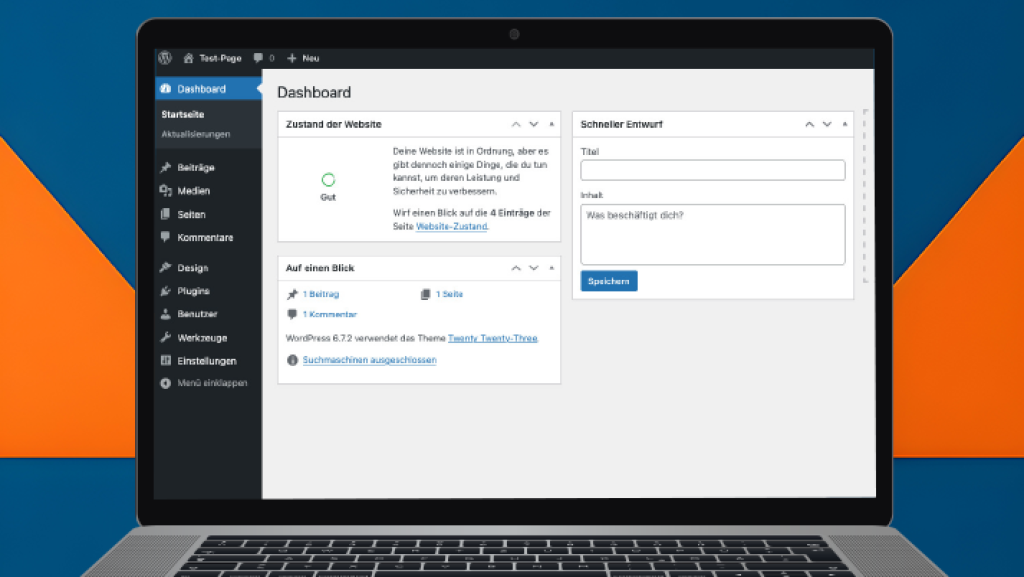 Screenshot des WordPress Dashboards auf einem Laptop-Bildschirm. Das Dashboard bietet eine Übersicht zur Website-Performance, Beiträgen und Einstellungen.